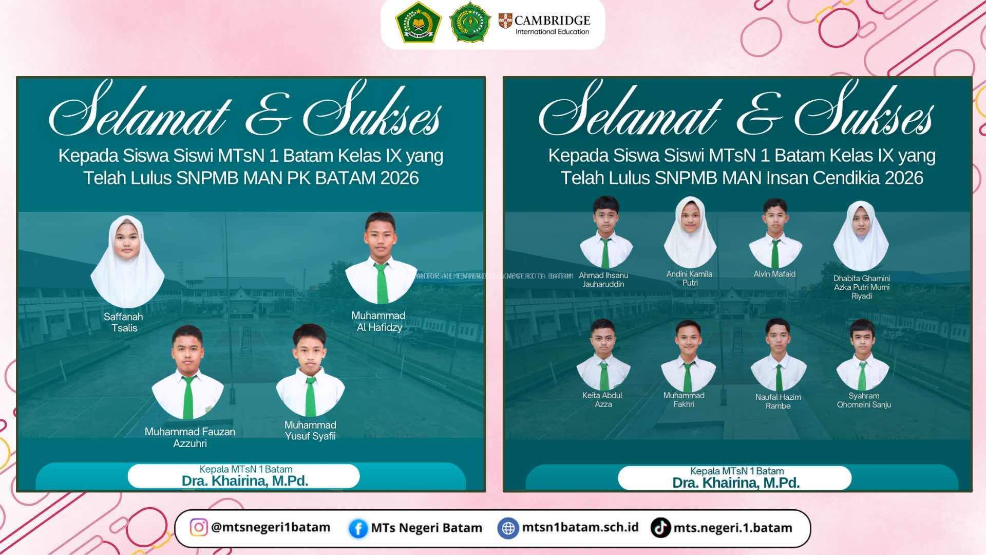 MTsN 1 Batam Sampaikan Selamat Sukses kepada 12 Peserta Didik yang Lolos MAN Insan Cendekia dan MAN PK Batam