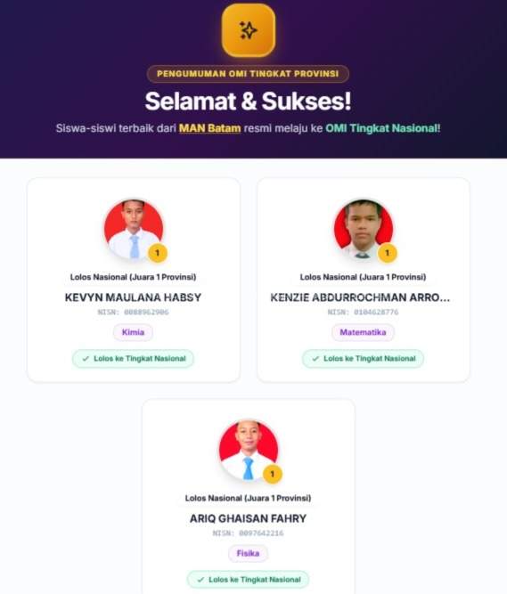 Menarik! Tiga Siswa Terbaik MAN 1 Kota Batam Raih Juara Nasional Siap Melaju ke OMI Tingkat Nasional November Mendatang