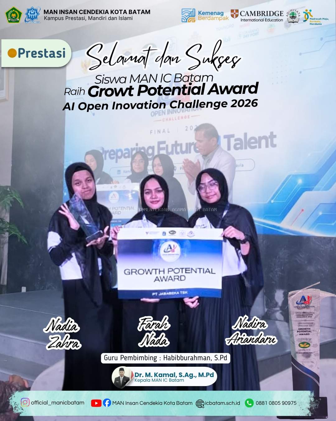 Tiga Siswi MAN IC Batam Raih Growth Potential Award pada AI Open Innovation Challenge 2026